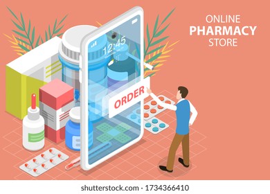 3D Isometric Flat Vector Concept of Online Pharmacy Store, Medicine Ordering Mobile App, Buy Medicaments and Drugs Online.