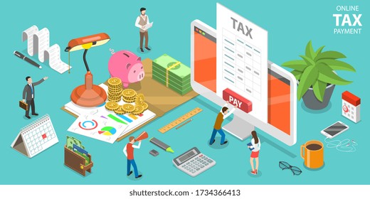 3D Isometric Flat Vector Concept of Online Tax Payment, Filling Tax Form, Submit Digital Taxes.