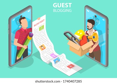 3D Isometric Flat Vector Concept of Commercial Blog Posting and Copywriting, Guest Blogging, Content Marketing Strategy.