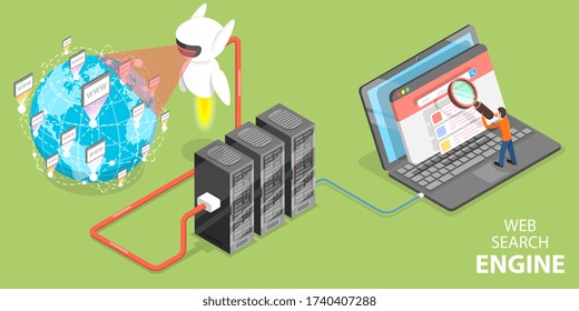 3D Isometric Flat Vector Concept of Web Search Engine, Crawling Indexing and Ranking, SEO Algorithm, Page Optimization, Digital Marketing.