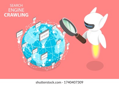 3D Isometric Flat Vector Concept Of Search Engine Crawling Bot, SEO Algorithm, Web Page Optimization.