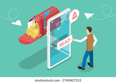 3D Isometric Flat Vector Concept of Newsletter and Subscription, Mobile Email Marketing and Advertising Campaign, Digital Promotion, Sending a AD Message.