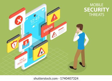 3D Isometric Flat Vector Concept of Mobile Security Threats, Computer Virus, Alert Notification, Cyber Security, Fraud Internet Error.