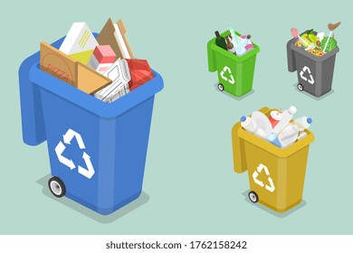 3D Isometric Flat Vector Concept of Sorting Waste for Recycling, Colored Waste Bins With Trash, Different Types of Garbage: Organic, Plastic, Paper, Glass.