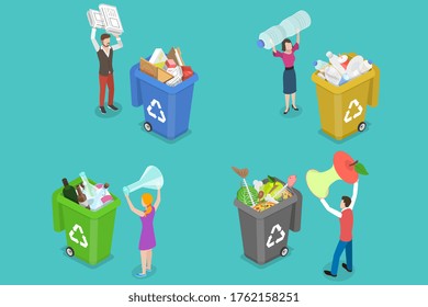 3D Isometric Flat Vector Concept of Colored Waste Bins With Sorted Trash, People are Throwing Out Waste to Different Garbage Can Type: Organic, Plastic, Paper and Glass.