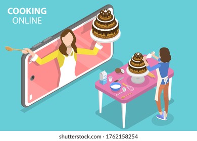 3D Isometric Flat Vector Concept of Online Cooking Vlog, Livestream Culinary Video Tutorial, Mobile Cooking Classes.