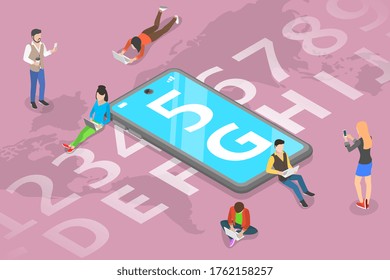 3D Isometric Flat Vector Concept of 5G , Global Wireless Network, High Speed Internet Technology.