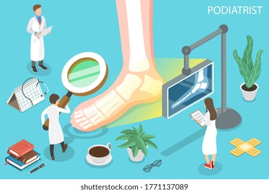 3D Isometric Flat Vector Concept of Podiatrist, Podiatric Physician Doctor, Treatment of Disorders of the Foot, Ankle, and Lower Extremity.