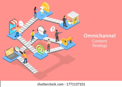 3D Isometric Flat Vector Concept Of Cross-Channel, Omnichannel, Several Communication Channels Between Seller And Customer, Digital Marketing, Online Shopping.