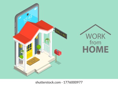 3D Isometric Flat Vector Concept of Working at Home, Self Isolation During Covid-19 Pandemic, Online Education.