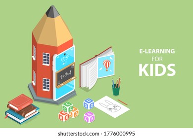 3D Isometric Flat Vector Concept of E-Learning for Kids, Online Kindergarten Classes, Distance Courses, Back to Digital School.