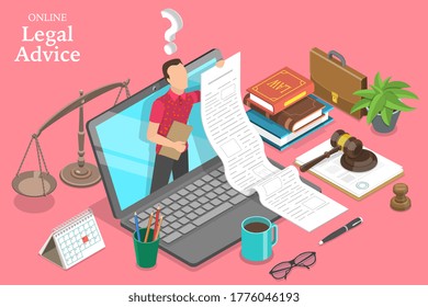 3D Isometric Flat Vector Concept of Online Legal Advice, Law and Justice, Digital Service for Law Consultation.