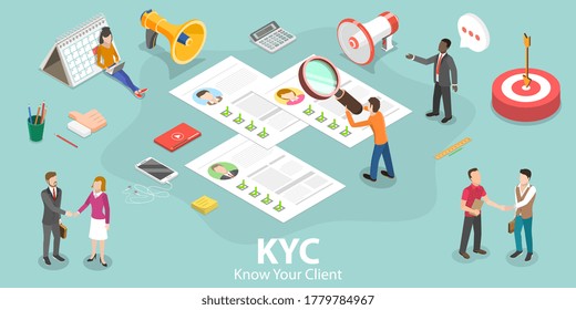 3D Isometric Flat Vector Concept of KYC - Know Your Customer, Anti-Money Laundering Guidelines, Process of Minimizing Financial Risks in Business Relationship.