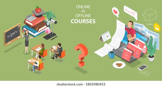 Concepto de vectores planos isométricos en 3D de cursos en línea frente a cursos fuera de línea, cursos de educación primaria y secundaria de clases ordinarias y educación a distancia.