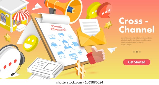 3D Isometric Flat Vector Concept Of Cross-Channel, Omnichannel, Several Communication Channels Between Seller And Customer, Digital Marketing, Online Shopping.