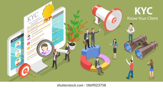 3D Isometric Flat Vector Concept of KYC - Know Your Customer, Anti-Money Laundering Guidelines, Process of Minimizing Financial Risks in Business Relationship.