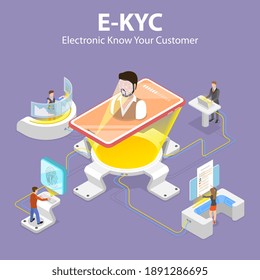 3D Isometric Flat Vector Concept of eKYC - Electronic Know Your Customer, Anti-Money Laundering Guidelines, Process of Minimizing Financial Risks in Business Relationship.