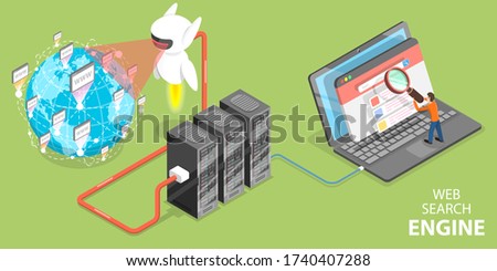 3D Isometric Flat Vector Concept of Web Search Engine, Crawling Indexing and Ranking, SEO Algorithm, Page Optimization, Digital Marketing.