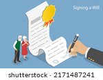 3D Isometric Flat Vector Conceptual Illustration of Signing a Will, Testament Drafting, Notary Service
