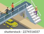 3D Isometric Flat Vector Conceptual Illustration of Pedestrian Bridge, People Using Footbridge