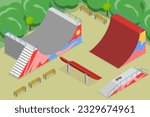 3D Isometric Flat Vector Conceptual Illustration of Skateboarding Area, Skate Park