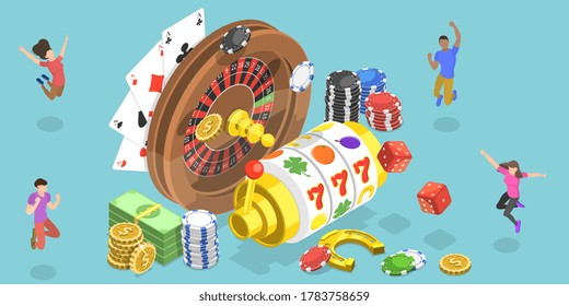 3D Isometric Flat Vector Conceptual Illustration of Online Gambling Platform for Live Poker, Roulette, Slot Machine and Dices, Internet Casino.