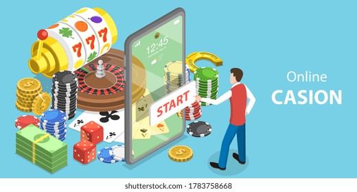 3D Isometric Flat Vector Conceptual Illustration of Online Gambling Platform for Live Poker, Roulette, Slot Machine and Dices, Internet Casino.