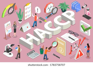 3D Isometric Flat Vector Conceptual Illustration of Hazard Analysis and Critical Control Points, HACCP Steps as Following: Hazard Analysis, Identify CCP, CCP Limits, Monitoring, Corrective Actions, Ve