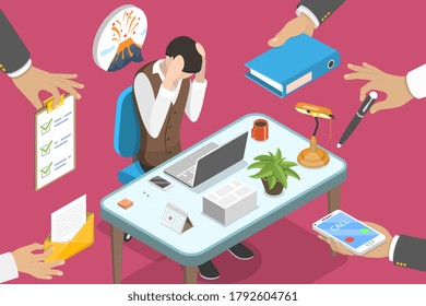 3D Isometric Flat Vector Conceptual Illustration of Exhausted and Stressed Office Woker, Overworked and Tired Businessman, Bored Paper Work, Project Deadline.