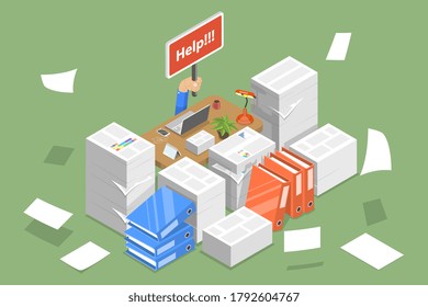 3D Isometric Flat Vector Conceptual Illustration of Stressed Businessman, Overworked and Tired Office Worker, Exhausted Paper Work, Project Deadline.