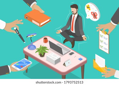 3D Isometric Flat Vector Conceptual Illustration of Relax and Work Balance, Office Worker Meditating and Doing Yoga, Calming Down the Stressful Emotion From Hard Work.