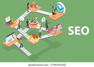 3D Isometric Flat Vector Conceptual Illustration Of Search Engine Optimization, SEO Ranking, Website Web Analytics.