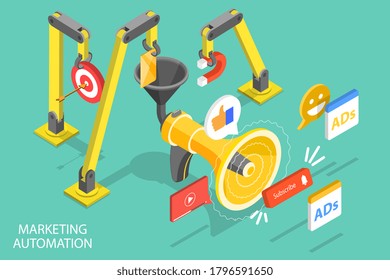 3D Isometric Flat Vector Conceptual Illustration of Digital Marketing Automation, Social Media Strategy, AI.