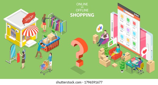 3D Isometric Flat Vector Conceptual Illustration of Online vs Ofline Shoppping, Pros and Cons.
