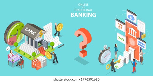 3D Isometric Flat Vector Conceptual Illustration of Online vs Traditional Banking, Pros and Cons.