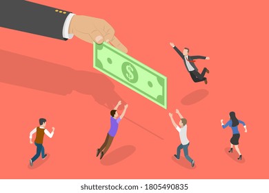 3D Isometric Flat Vector Conceptual Illustration of Chasing Money, People are Fighting for the Banknote Giving Them by a Big Hand.