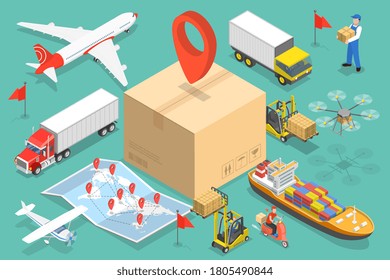 3D Isometric Flat Vector Conceptual Illustration of International Cargo Delivery, Logistics and Transportation.