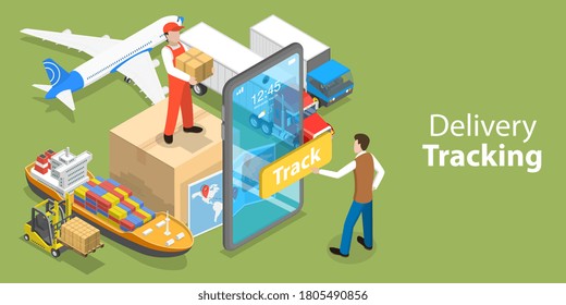 3D Isometric Flat Vector Conceptual Illustration Of Mobile App For Delivery Tracking, Smart Logistics And Transportation.