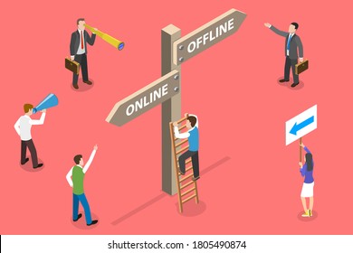 3D Isometric Flat Vector Conceptual Illustration. Group of People are Choosing Online or Offline Path to Go Standing Next to Signpost. Can be Used for the Fields Like Education, Business, Marketing