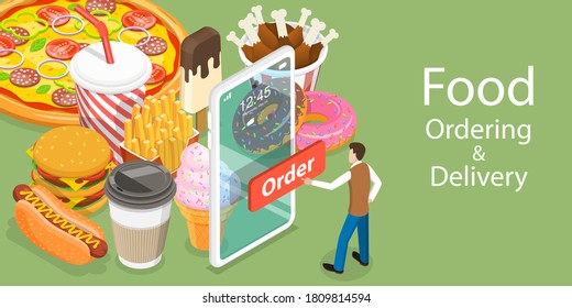 3D Isometric Flat Vector Conceptual Illustration of Restaurant and Cafe Online Food Order App, Mobile Booking, Fast Free Delivery.