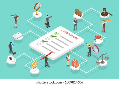 3D Isometric Flat Vector Conceptual Illustration Of Regulatory Compliance, Steps That Are Needed To Be Complied With Relevant Laws, Policies And Regulations.
