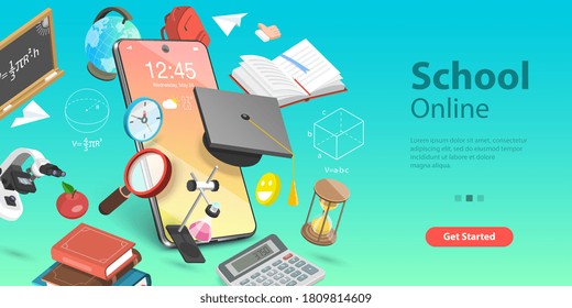 3D Isometric Flat Vector Conceptual Illustration Of Online Education Concept, Distance Courses And E-learning, Back To Digital School.