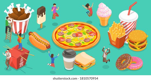 3D Isometric Flat Vector Conceptual Illustration of Fast Food, People Are Rejoicing Next to Food Like Hot Dog, Ice Drink, Burger, Donut, Ice Cream, Pizza, French Fries, Fried Chic