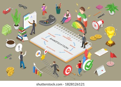 3D Isometric Flat Vector Conceptual Illustration of Mobile App Gamification, Interactive Content For Audience Engaging, Encouraging Customers to Earn Rewards.