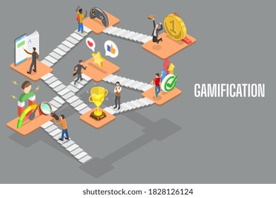 3D Isometric Flat Vector Conceptual Illustration of Encouraging Customers to Earn Rewards, Interactive Content For Audience Engaging, Mobile App Gamification.