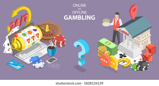 3D Isometric Flat Vector Conceptual Illustration of Online Gambling vs Traditional Gambling, Pros and Cons.