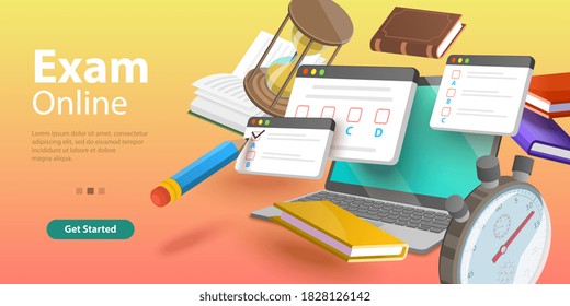 3D Isometric Flat Vector Conceptual Illustration of Online Testing, Questionnaire Form, Internet Quiz or Survey, Distant Education.