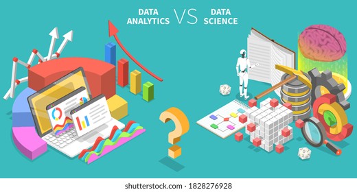 3D Isometric Flat Vector Conceptual Of Illustration Of Comparison Of Data Analytics And Data Science.