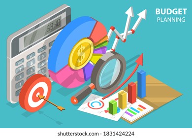 Isométrico Vector Plano 3D Ilustración Conceptual de Planificación Presupuestaria y Gestión Financiera.