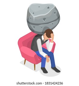 3D Isometric Flat Vector Conceptual Illustration of Frustrated and Depressed Man Overloaded With Difficult Problems.